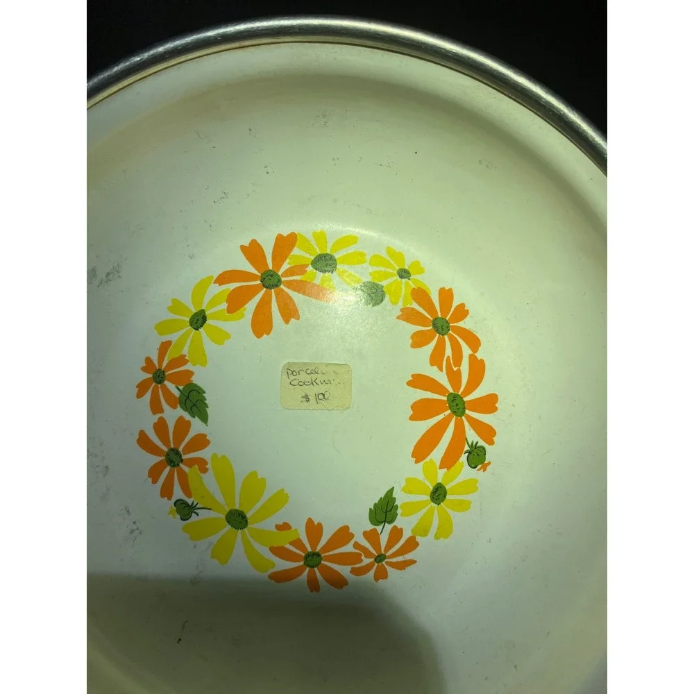 Ekco Country Garden Vintage Porcelain Clad Pan Italy Floral Daisy Black White‎